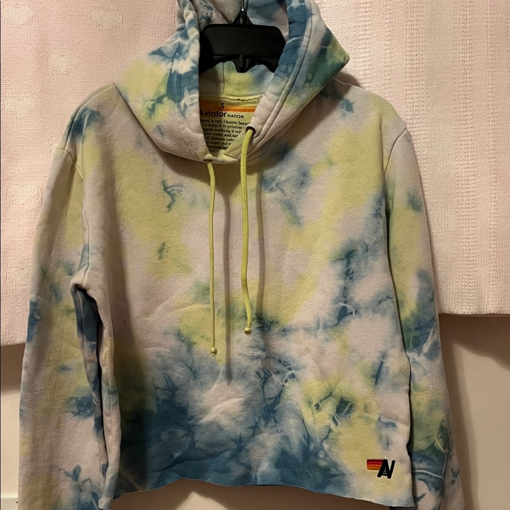 Aviator Nation Blue and Yellow Cropped Tie-Dye Hoodie